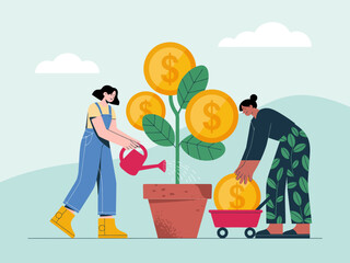 This joyful image features two women watering a money tree, symbolizing prosperity and growth through teamwork and nurturing in a lively, colorful setting.