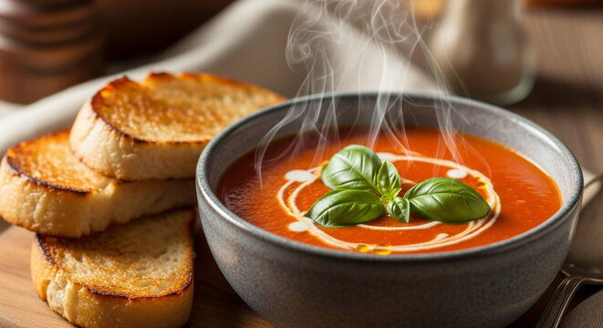 Delicious tomato soup with fresh basil and toasted bread is perfect for a comforting lunch or dinner