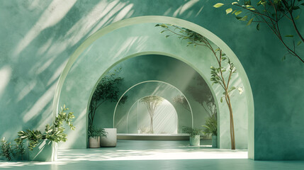 Enchanting green natural archway tunnel with mystical light, magical forest pathway fantasy landscape