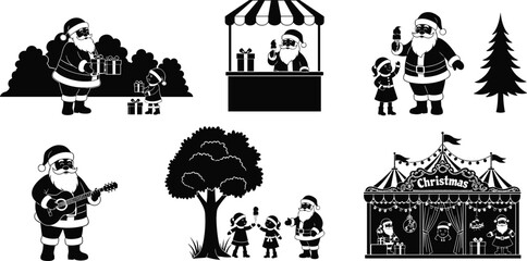 Black and White Santa Claus Silhouettes Vector Set, Christmas Holiday Scenes, Characters with Children, Gifts, Market Stall, Guitar, and Circus Tent Outline Icons for Festive Design.