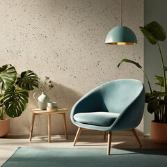 Contemporary living room corner with turquoise velvet chair, terrazzo wall texture and houseplants, modern home decor
