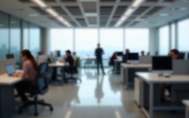 This is a blurry image of an office space with desks and computers. High quality
