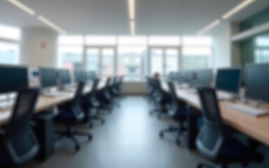 This is a blurry image of an office space with desks and computers. High quality