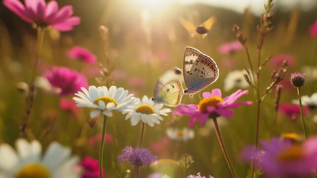 Delicate butterfly lands on vibrant pink cosmos flower in sun-drenched meadow with daisies and soft bokeh background