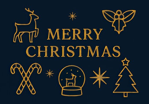 Merry Christmas text with yellow outline icons on dark blue background