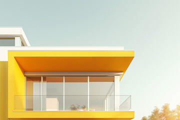 Yellow orange storefront building with white awning and windows, vibrant modern commercial architecture exterior photography