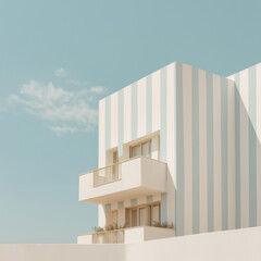 Modern architectural building with turquoise sky white vertical columns and balcony, contemporary minimalist exterior design photography