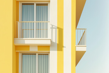Bright yellow building facade with white door and windows, modern colorful residential architecture exterior photography
