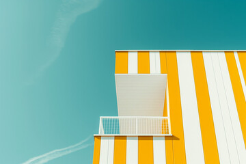 Modern architectural facade with turquoise and yellow white stripes, vibrant geometric contemporary building design photography