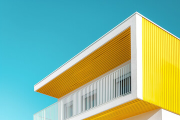 Contemporary yellow building with blue sky and white trim, modern architectural exterior photography