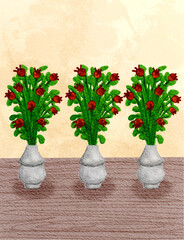 colorful illustration, background, wallpaper of vase with red flowers ad green leaves