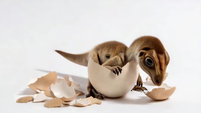 Baby dinosaur hatches from egg in playful moment