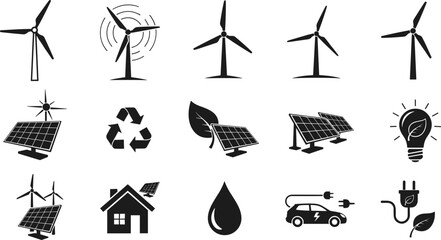 Renewable energy icons, wind turbine, solar panel, recycling, eco friendly electricity, sustainable future, green technology, electric car, water conservation, environment