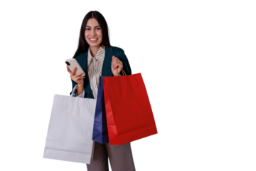 Happy woman holding shopping bags and using smartphone, enjoying online retail therapy, transparent background