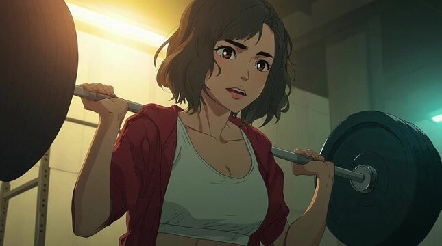 Anime Woman in Sports Bra Performing Squat Lifting with Barbell at Gym for Strength Training