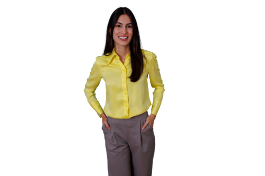 Businesswoman standing, looking at camera, smiling, hands in pockets, wearing yellow shirt and pants, transparent background