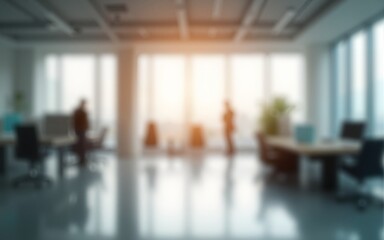 Blurred empty open space office. Abstract light bokeh at office interior background for design. High quality