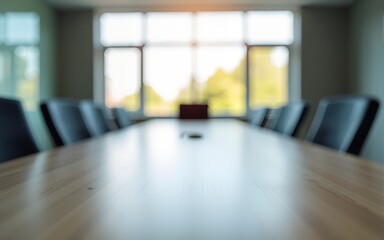 Close-up of an empty meeting table with no one in the background of a blurry company meeting room. High quality