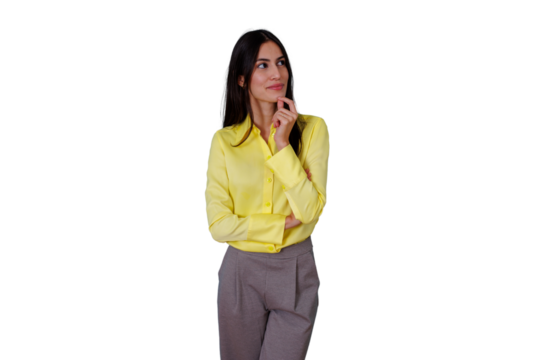 Woman thinking, contemplating ideas, making decisions, problem solving, looking up, standing on transparent background