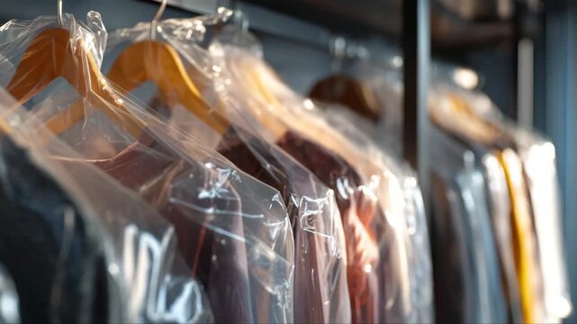 Garments neatly arranged on hangers, covered in protective plastic, showcasing vibrant colors and textures, camera gradually zooms in for detailed view of clothing