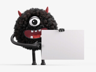 Fluffy, cute monster holds a blank sign, symbolizes information and advertising display. 3D rendering, conceptual image. Isolated on white background.
