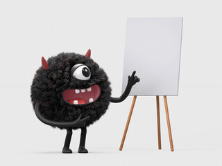 Fluffy, cute monster with blank canvas, symbolizes creativity and presentation. 3D rendering, conceptual image. Isolated on white background.
