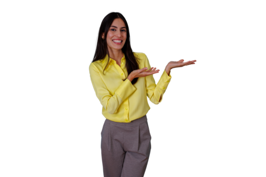 Young businesswoman smiling, presenting copy space with open hands, offering a product or service. Isolated on transparent background - Powered by Adobe