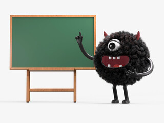 Fluffy, cute monster points to a blank chalkboard, symbolizing education or ideas. 3D rendering, conceptual image. Isolated on white background.