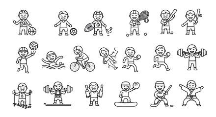 Collection of monochrome cartoon athletes representing diverse sports activities with smiling faces