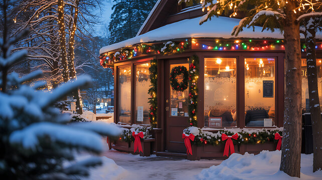 Cozy winter cafe with Christmas lights and snow covered trees image - Powered by Adobe