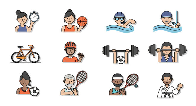 Diverse sports and activities illustrated icons showcasing a healthy lifestyle pursuit