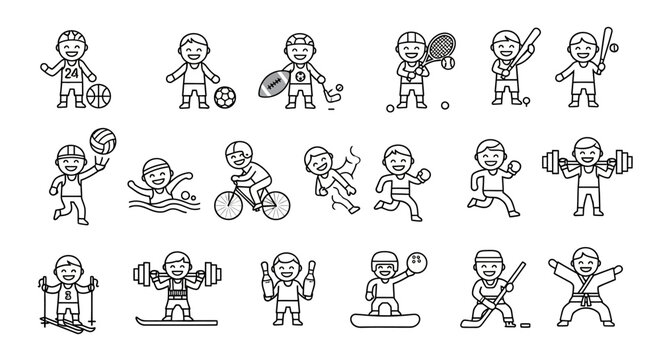 Collection of monochrome cartoon athletes representing diverse sports activities with smiling faces - Powered by Adobe