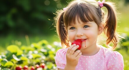Little Girl Enjoying Fresh Strawberries in the Garden.