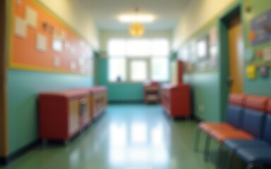 Blurred background of the corridor in an elementary school, with colorful decorations and bright lights. High quality