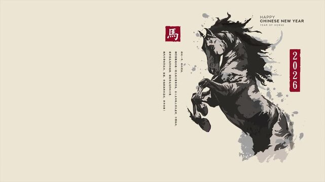 Chinese New Year 2026 animation features an elegant ink brush design of a galloping horse, Year of the Horse. The traditional painting style blends modern minimalism, New year celebration. Year 2026