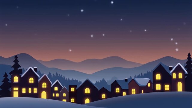 Winter night village with glowing houses and snowy mountains.