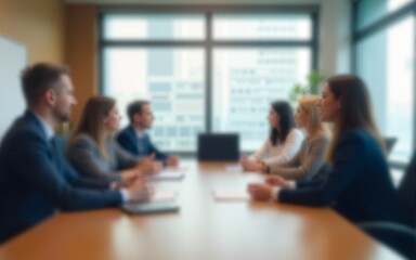 Office blur meeting room blurred background of blurry boardroom interior with work desk table for business people team discussion corporate conference enterprise seminar : Generative AI. High quality