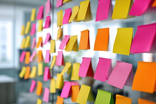 Colorful Notes: An abstract arrangement of sticky notes bursts with vibrant colors, adorning a transparent surface, possibly a glass wall, and hinting at ideas and communication.