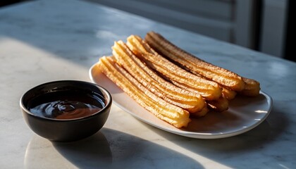 Spanish Churros Crispy Fluted Pastry Sticks Served with a Rich Dark Chocolate Dipping Sauce