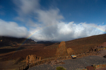 Iconic Roque Cinchado Rock Formation with Rainbow in Teide National Park, Tenerife, Canary Islands