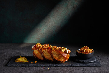 Street Food Delight Hotdog with Mustard, Mayo, and Ketchupon on Dark Background