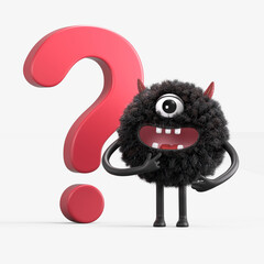 Fluffy, cute monster beside a question mark, symbolizing inquiry or curiosity. 3D rendering, conceptual image. Isolated on white background.