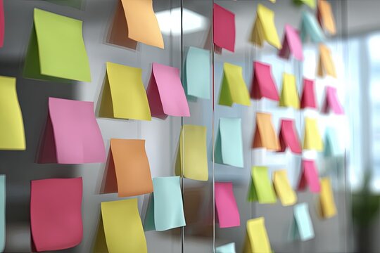 Colorful Notes on the Glass: A collection of vibrant, sticky notes are attached to a glass surface, creating a visual symphony of thoughts, ideas, and reminders, evoking a sense of organization.