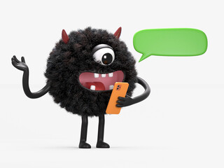 Fluffy, cute monster with phone and speech bubble, symbolizes customer service. 3D rendering, conceptual image. Isolated on white background.