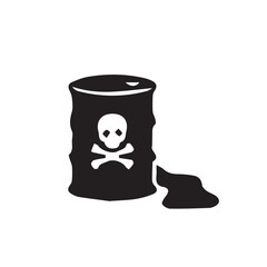 Black and white icon of a leaking barrel with a skull and crossbones symbol representing toxic waste and chemical danger