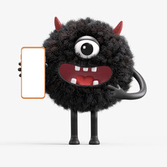 Fluffy, cute monster presents a phone, symbolizing digital interaction. 3D rendering, conceptual image. Isolated on white background.