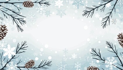 illustration template featuring a serene winter decoration background with a flat design aesthetic, incorporating gentle snowflakes, frosted pinecones 