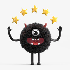 Fluffy, cute monster with five stars, representing top-quality service. 3D rendering, conceptual image. Isolated on white background.