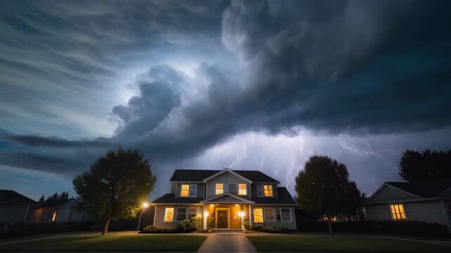 Dramatic storm clouds gather over illuminated suburban house at dusk ominous weather approaching residential neighborhood