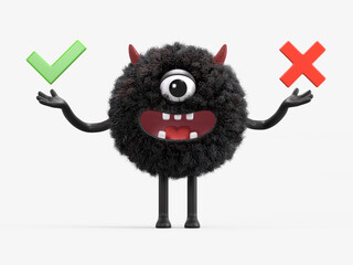 Fluffy, cute monster with checkmark and cross, symbolizing decision-making. 3D rendering, conceptual image. Isolated on white background.